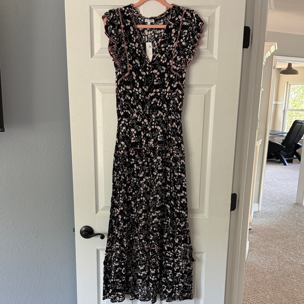 Poupette St. Barth Black and Pink Paulina Floral Maxi Dress NWT